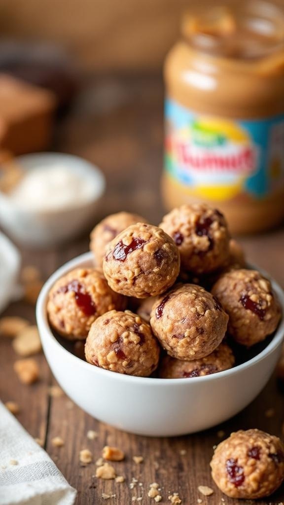 A bowl of peanut butter and jelly energy bites with a jar of peanut butter in the background.