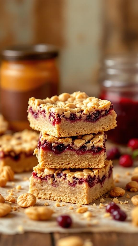 Peanut Butter and Jelly No Bake Bars stacked on a wooden surface