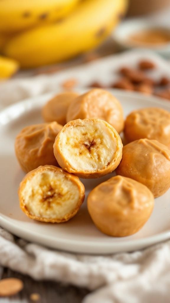 A plate of peanut butter banana bites, some whole and some cut in half, with bananas in the background.