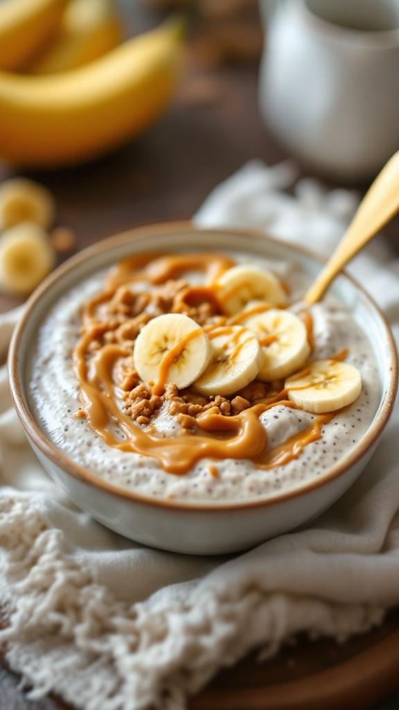 A bowl of peanut butter banana chia seed pudding topped with banana slices and granola.