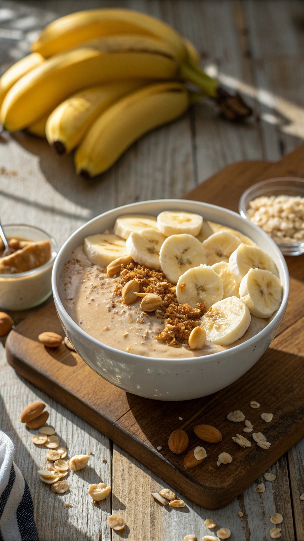 A delicious peanut butter banana smoothie bowl topped with banana slices, granola, and nuts.