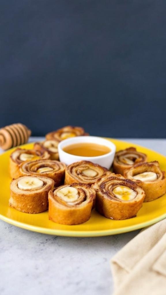 Peanut Butter Banana French Toast Roll-Ups on a yellow plate with a small bowl of syrup.