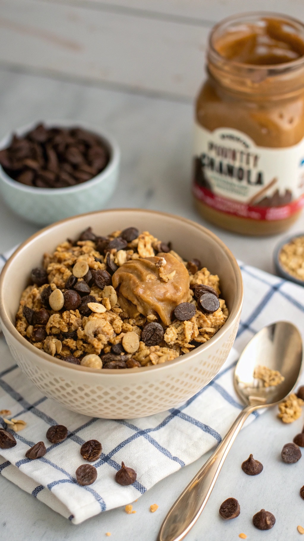 A bowl of peanut butter chocolate chip granola with chocolate chips and a jar of peanut butter in the background.