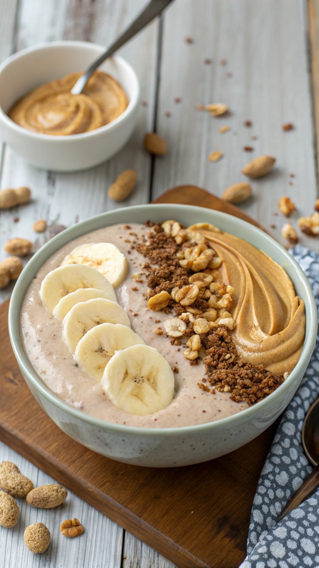 A delicious peanut butter smoothie bowl topped with banana slices, granola, and peanut butter.