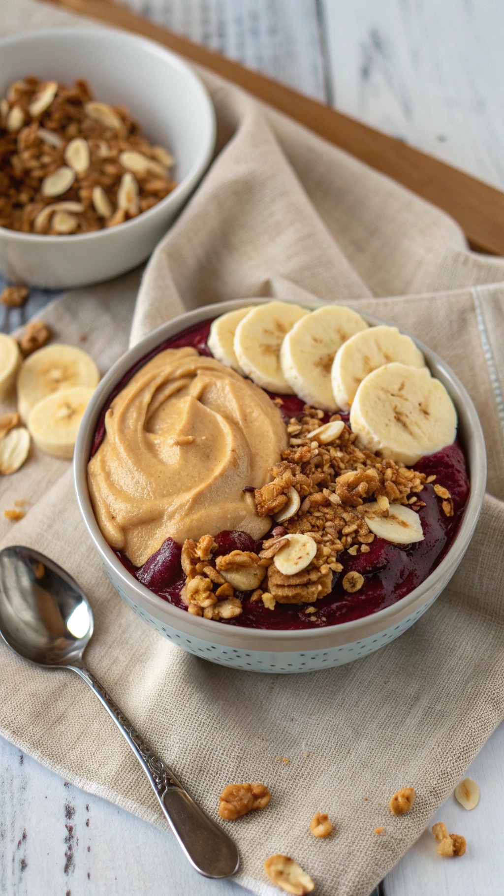 A creamy peanut butter acai bowl topped with banana slices and granola.