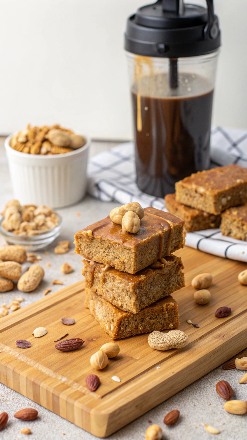 Peanut butter protein bars stacked on a wooden board with nuts and a shaker bottle in the background.