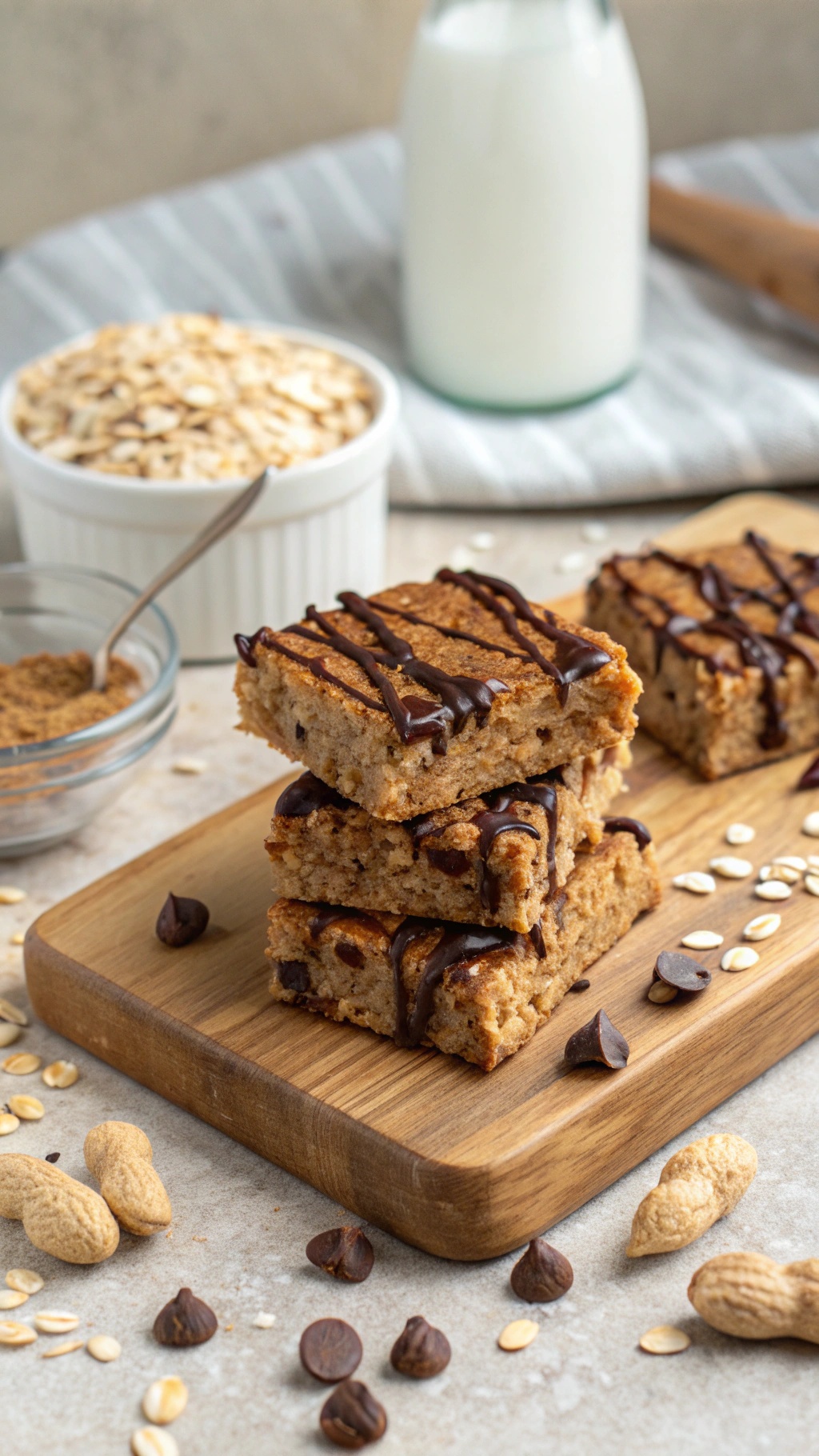 Peanut butter protein bars with dark chocolate on a wooden board, surrounded by peanuts and chocolate chips.
