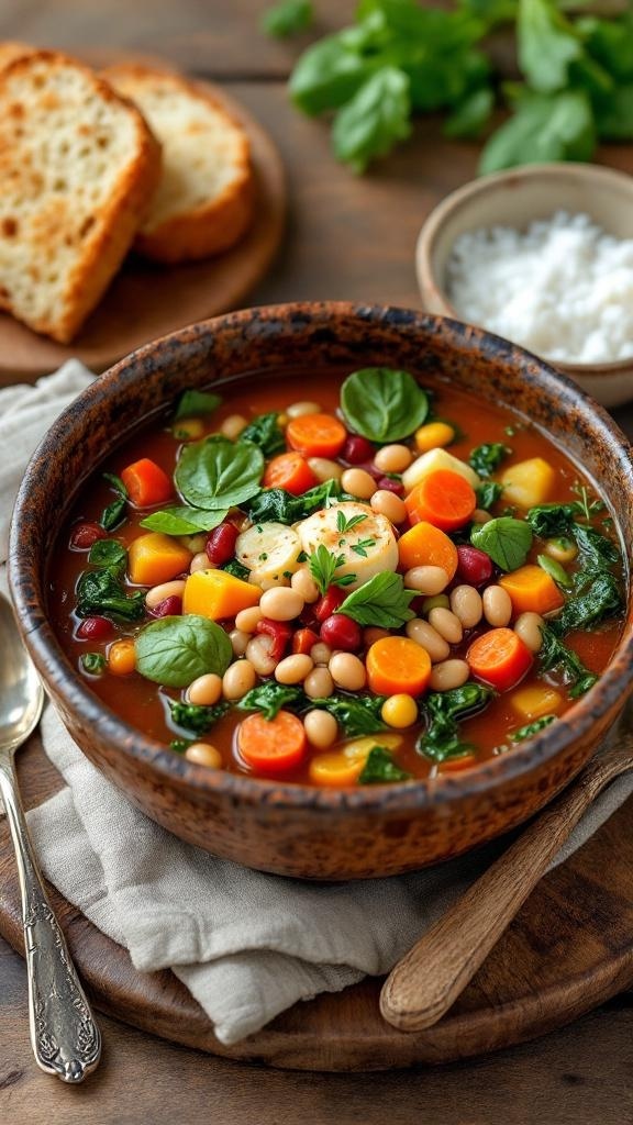 A bowl of colorful vegetable soup with bread on the side.