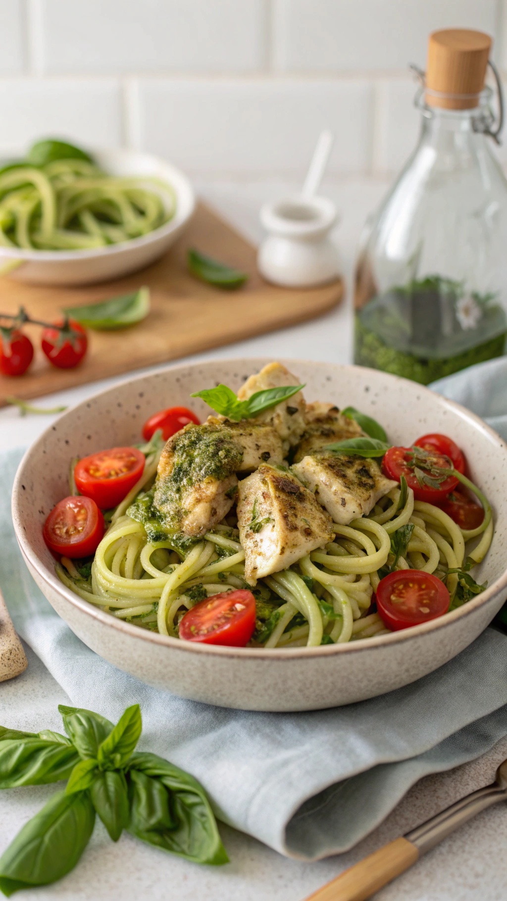 A bowl of pesto chicken with zoodles, topped with cherry tomatoes and basil.