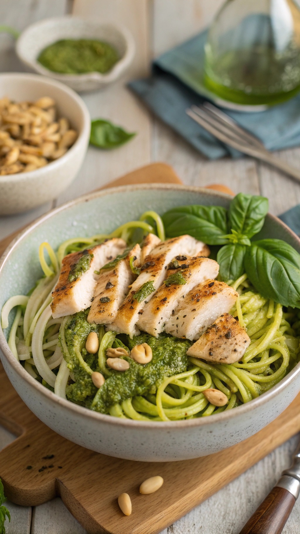 A bowl of pesto chicken served over zucchini noodles, garnished with pine nuts and fresh basil.