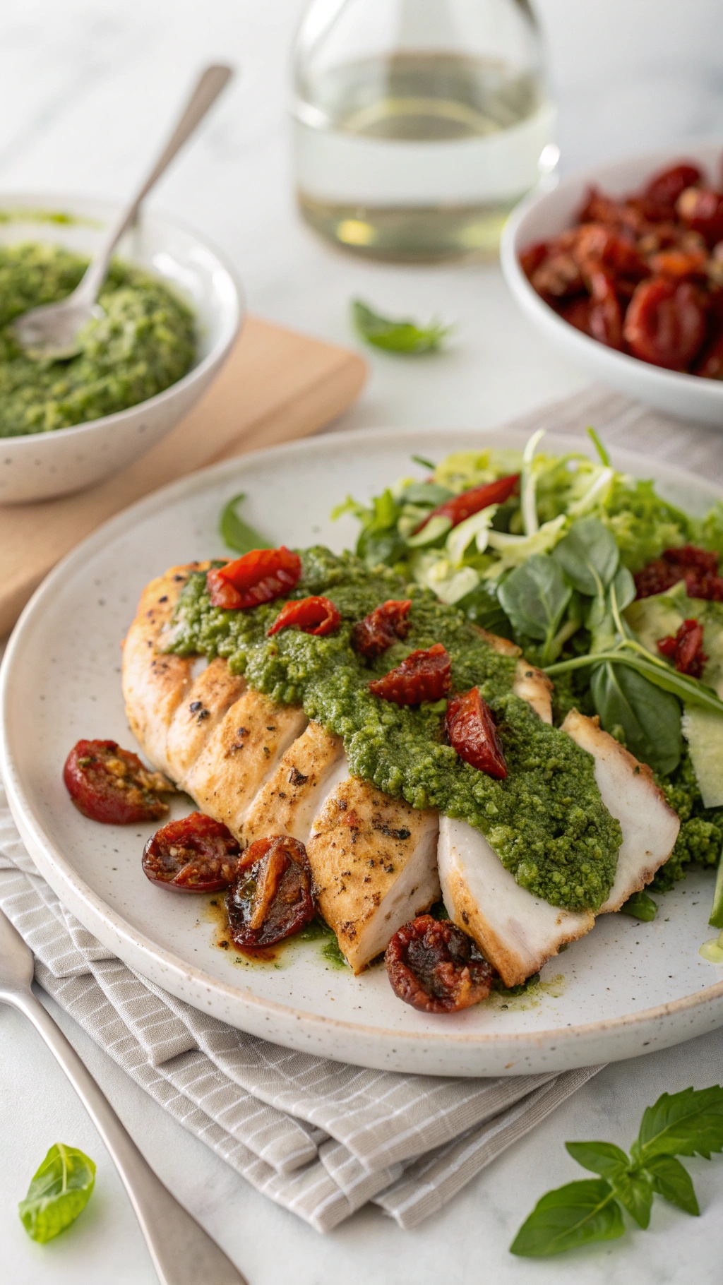 A plate of pesto chicken breast topped with pesto sauce and cherry tomatoes, served with a side salad.