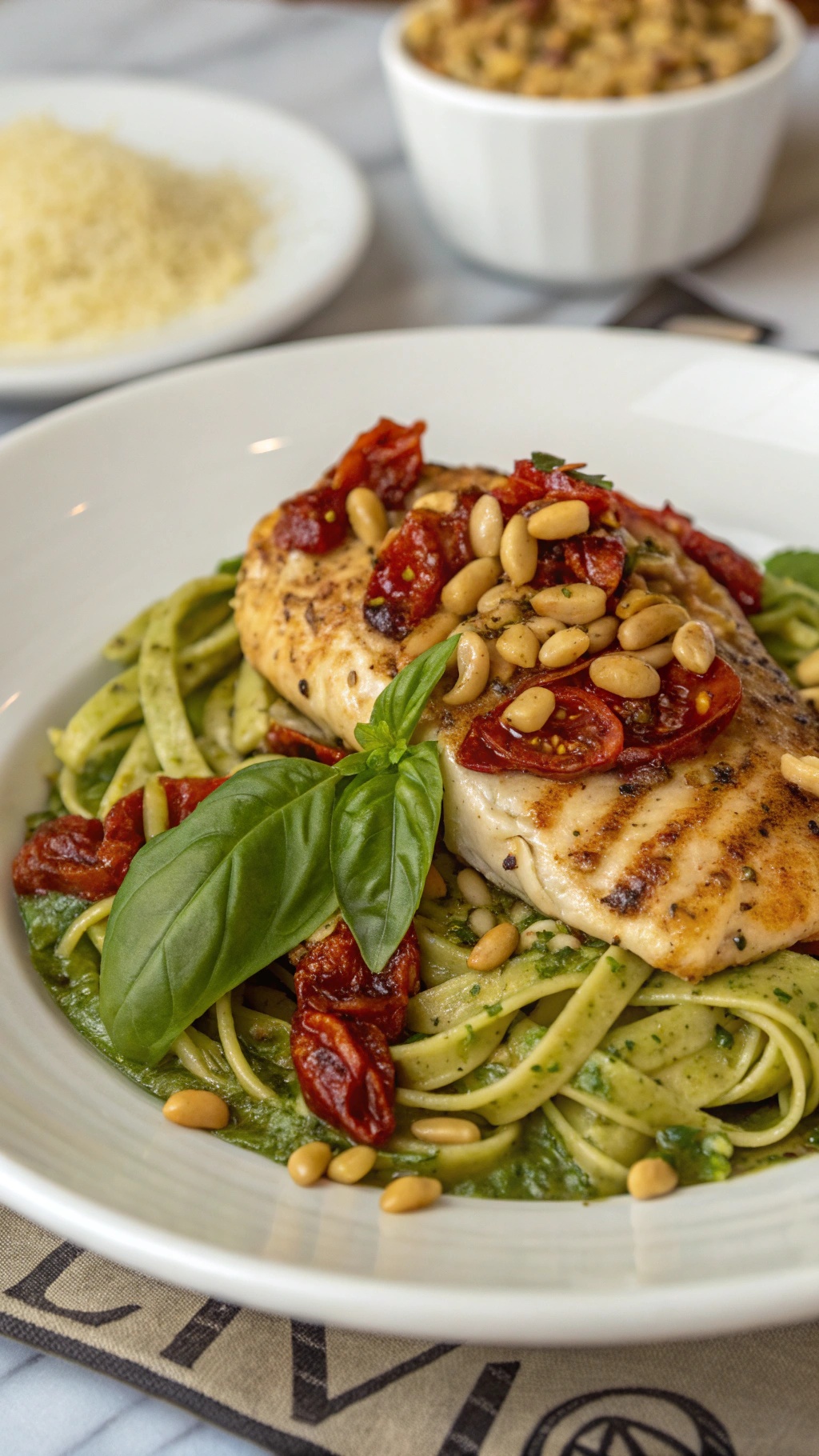 A plate of pesto chicken breast served over green pasta, topped with sun-dried tomatoes and pine nuts.