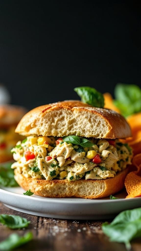 A delicious pesto chicken salad sandwich with colorful ingredients