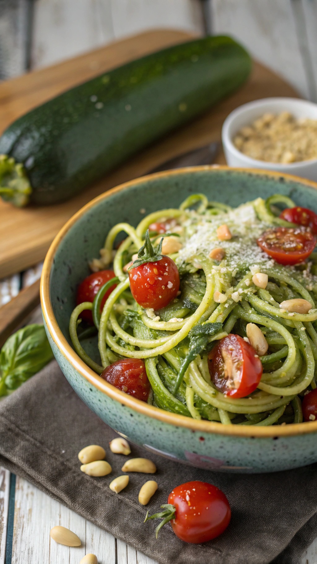 A bowl of pesto zoodle stir-fry with cherry tomatoes and pine nuts.
