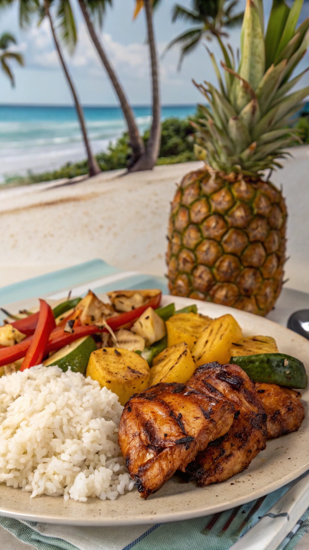 A plate of Pineapple Teriyaki Air Fryer Chicken with rice and grilled vegetables, set against a beach backdrop.