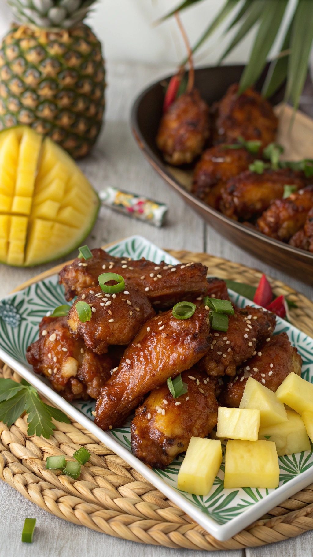 A plate of pineapple teriyaki chicken wings garnished with green onions and sesame seeds, with fresh pineapple slices on the side.