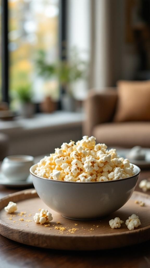 A bowl of popcorn sprinkled with nutritional yeast on a wooden tray, set in a cozy room with plants and soft furnishings.