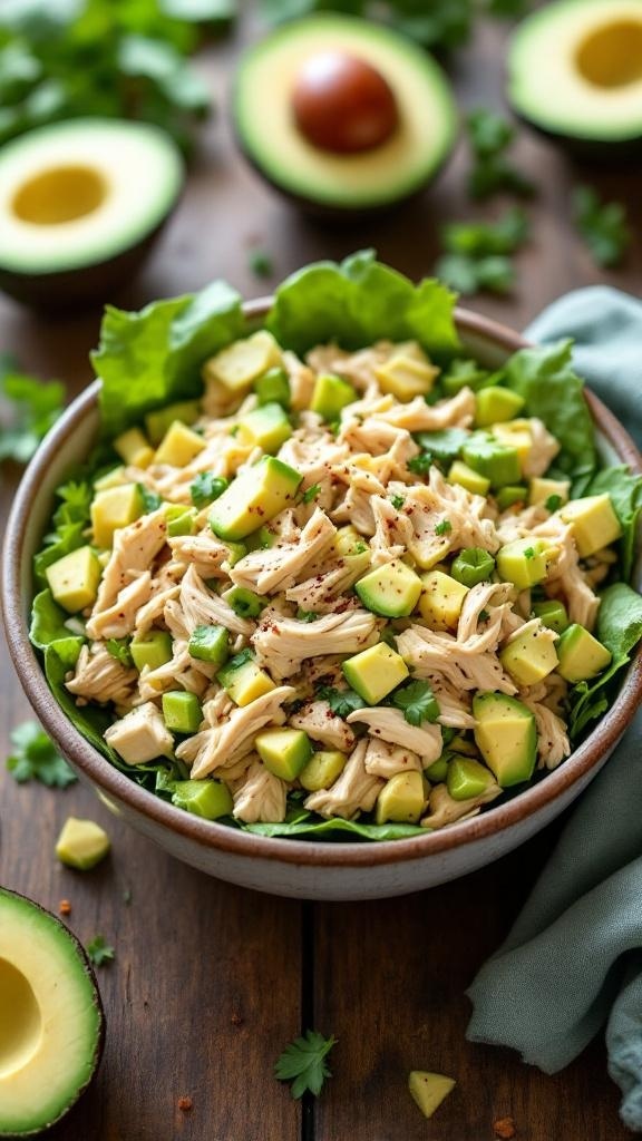 A bowl of creamy avocado chicken salad with diced avocado, shredded chicken, and fresh vegetables.