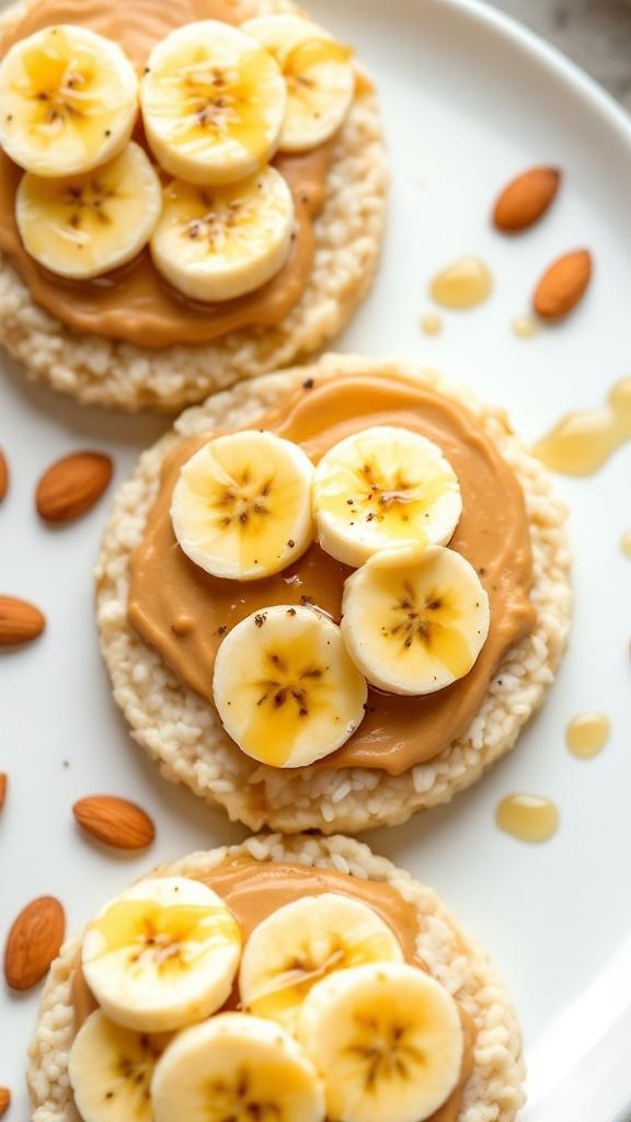 Rice cakes topped with almond butter and banana slices