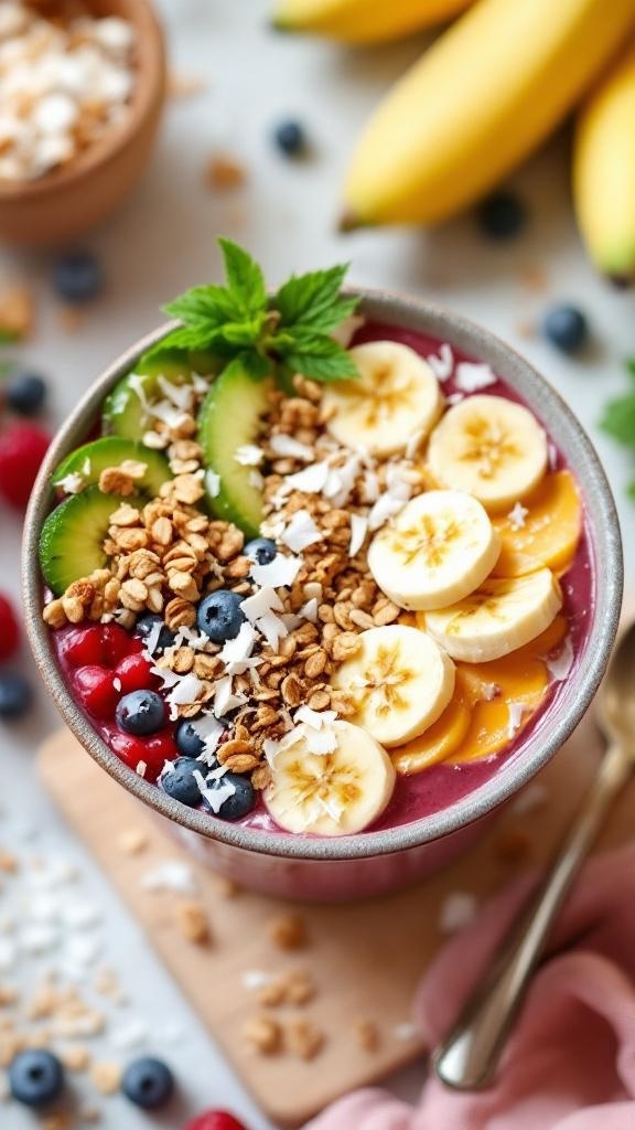 A colorful protein-infused smoothie bowl topped with banana slices, kiwi, granola, and coconut.