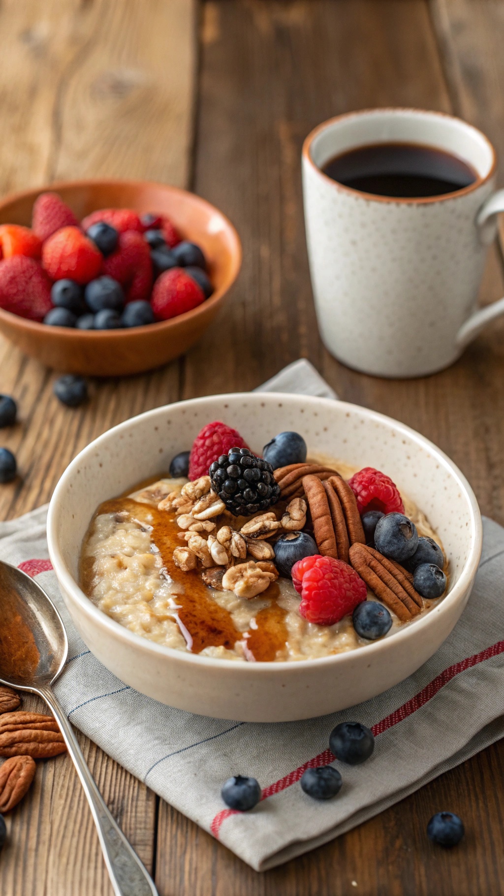 A bowl of protein-loaded oatmeal topped with nuts and berries, with a side of fresh berries and a cup of coffee.