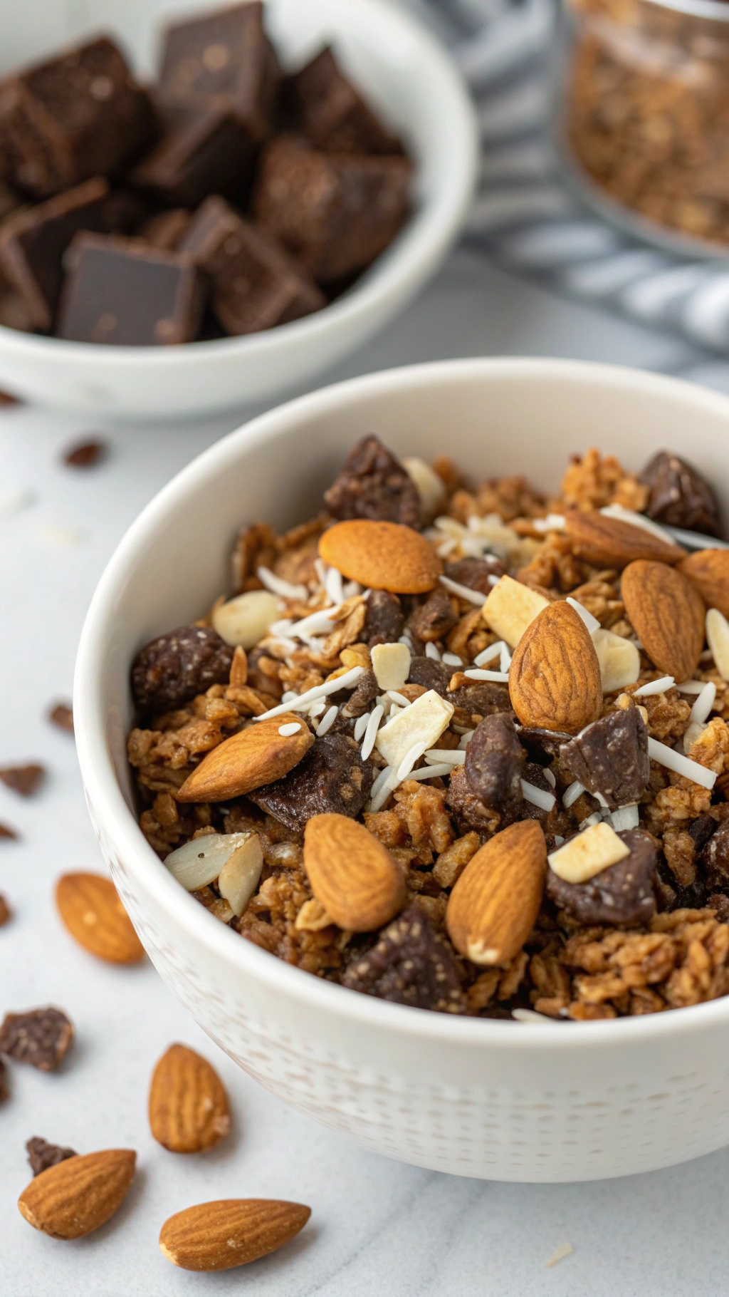 A bowl of protein-packed granola with almonds and coconut, surrounded by chocolate bars and granola packaging.