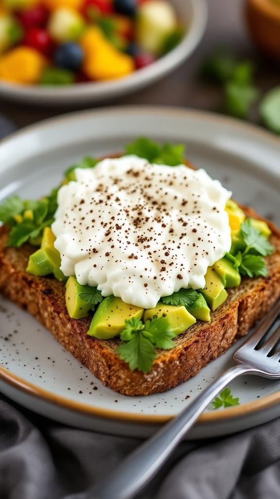 A plate of protein-packed avocado toast topped with cottage cheese, garnished with cilantro and black pepper.