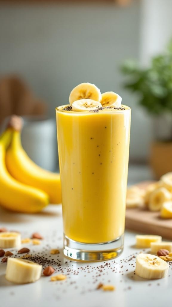 A refreshing protein-packed banana pudding smoothie topped with banana slices and chia seeds, with bananas in the background.