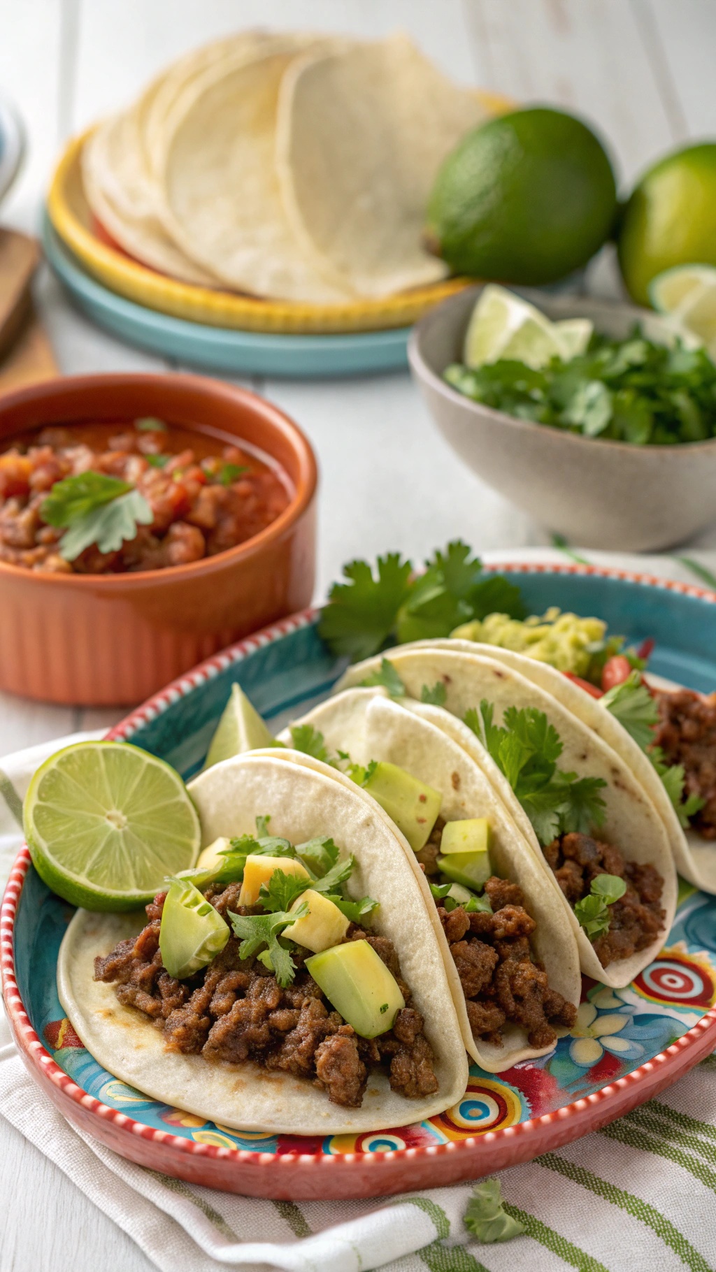 Delicious beef tacos with avocado, cilantro, and lime on a colorful plate