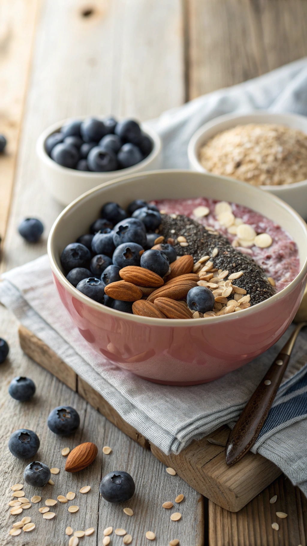 A bowl of blueberry overnight oats topped with fresh blueberries, almonds, and chia seeds.