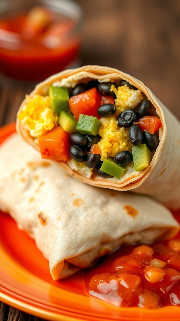 Delicious breakfast burritos filled with eggs, black beans, and colorful veggies