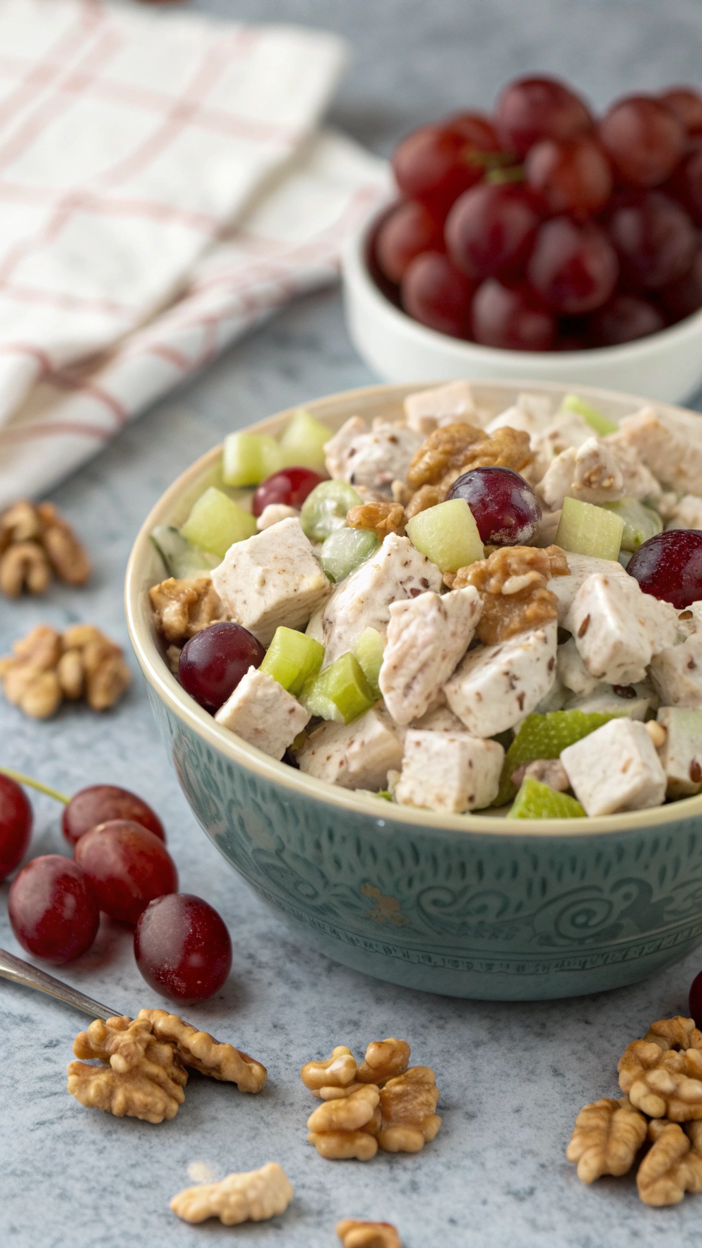 A bowl of protein-packed chicken salad with grapes, celery, and walnuts, surrounded by fresh grapes and walnuts.