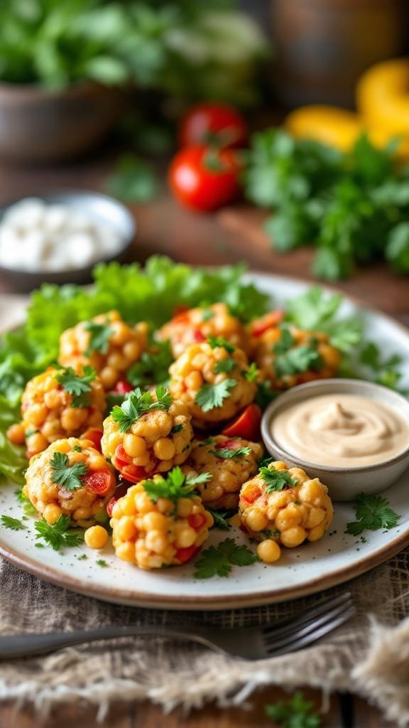 Colorful plate of chickpea salad bites garnished with cilantro and served with a creamy dip.