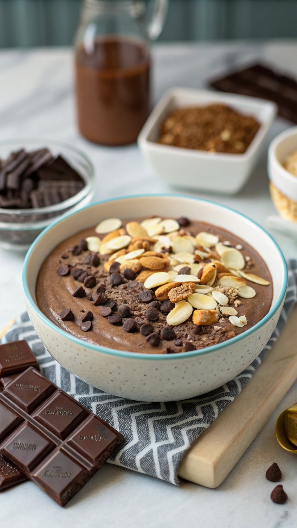 A delicious chocolate almond smoothie bowl topped with chocolate chips and sliced almonds.