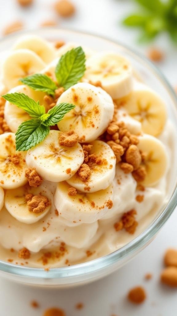 A bowl of protein-packed banana pudding topped with banana slices, crushed cookies, and mint leaves.