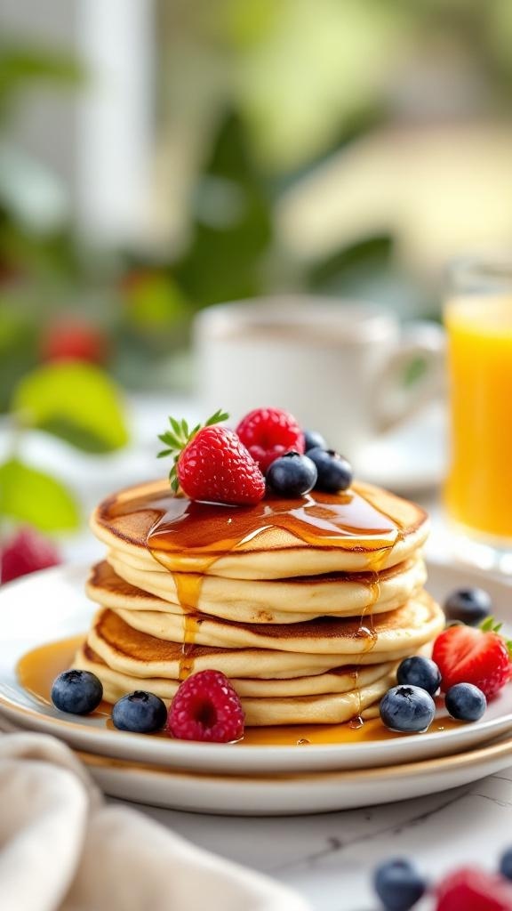 Stack of fluffy cottage cheese pancakes topped with fresh berries and syrup
