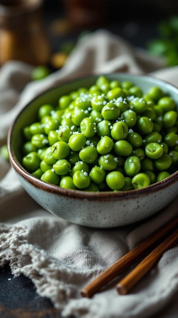 A bowl of steamed edamame sprinkled with sea salt, ready to be enjoyed as a healthy snack.