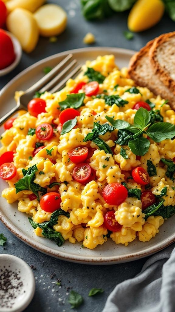 A plate of scrambled eggs with spinach and cherry tomatoes, garnished with herbs and served with bread.