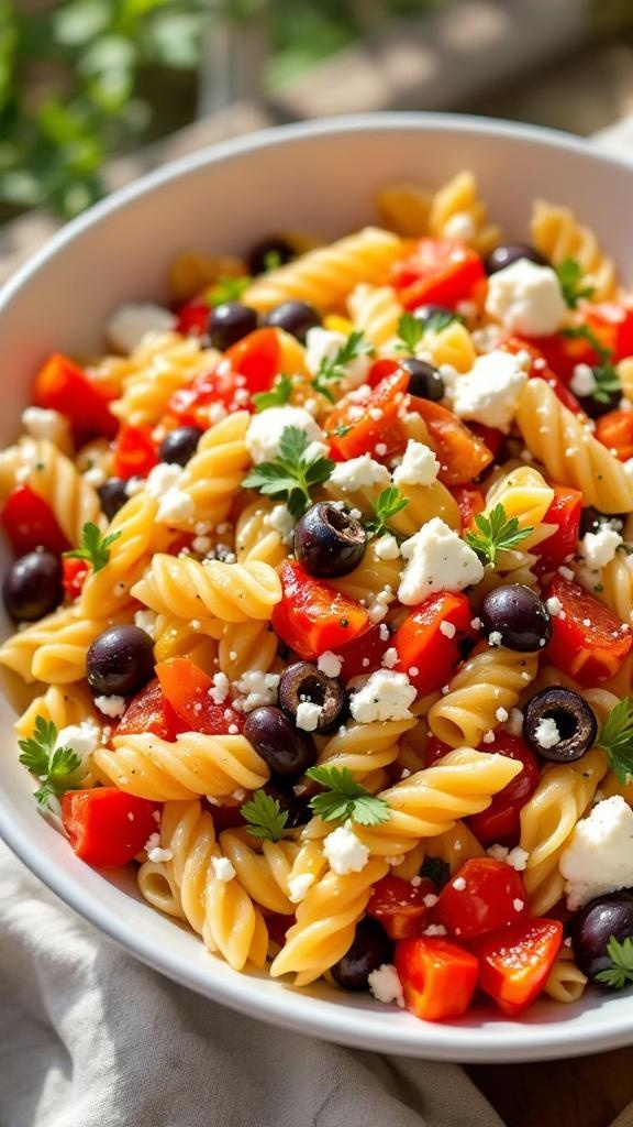 A bowl of Greek pasta salad with rotini pasta, tomatoes, olives, and feta cheese.