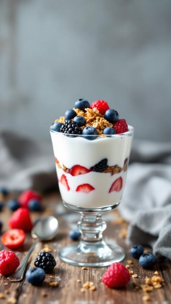 A delicious Greek yogurt parfait with layers of yogurt, berries, and granola in a glass.