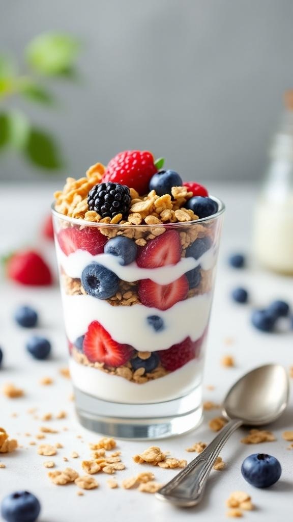 A colorful Greek yogurt parfait with layers of yogurt, berries, and granola.