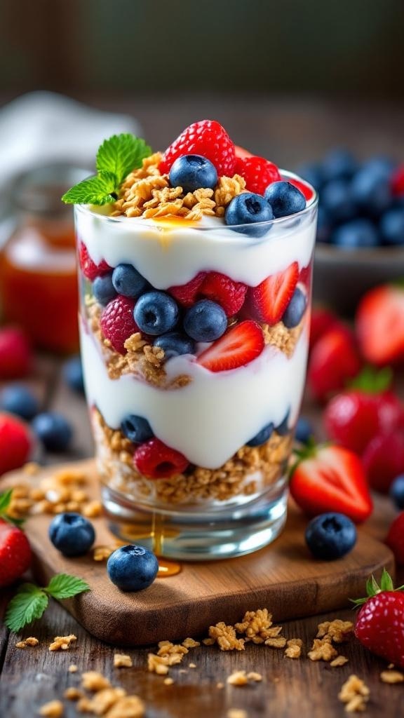 A delicious Greek yogurt parfait with layers of yogurt, mixed berries, and granola, garnished with mint leaves.