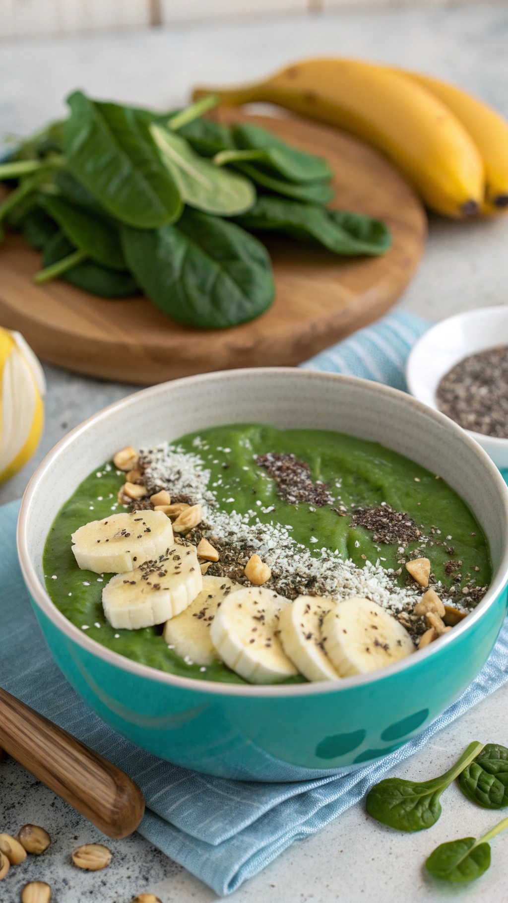 A protein-packed green smoothie bowl topped with banana slices, chia seeds, and chopped nuts, with fresh spinach in the background.