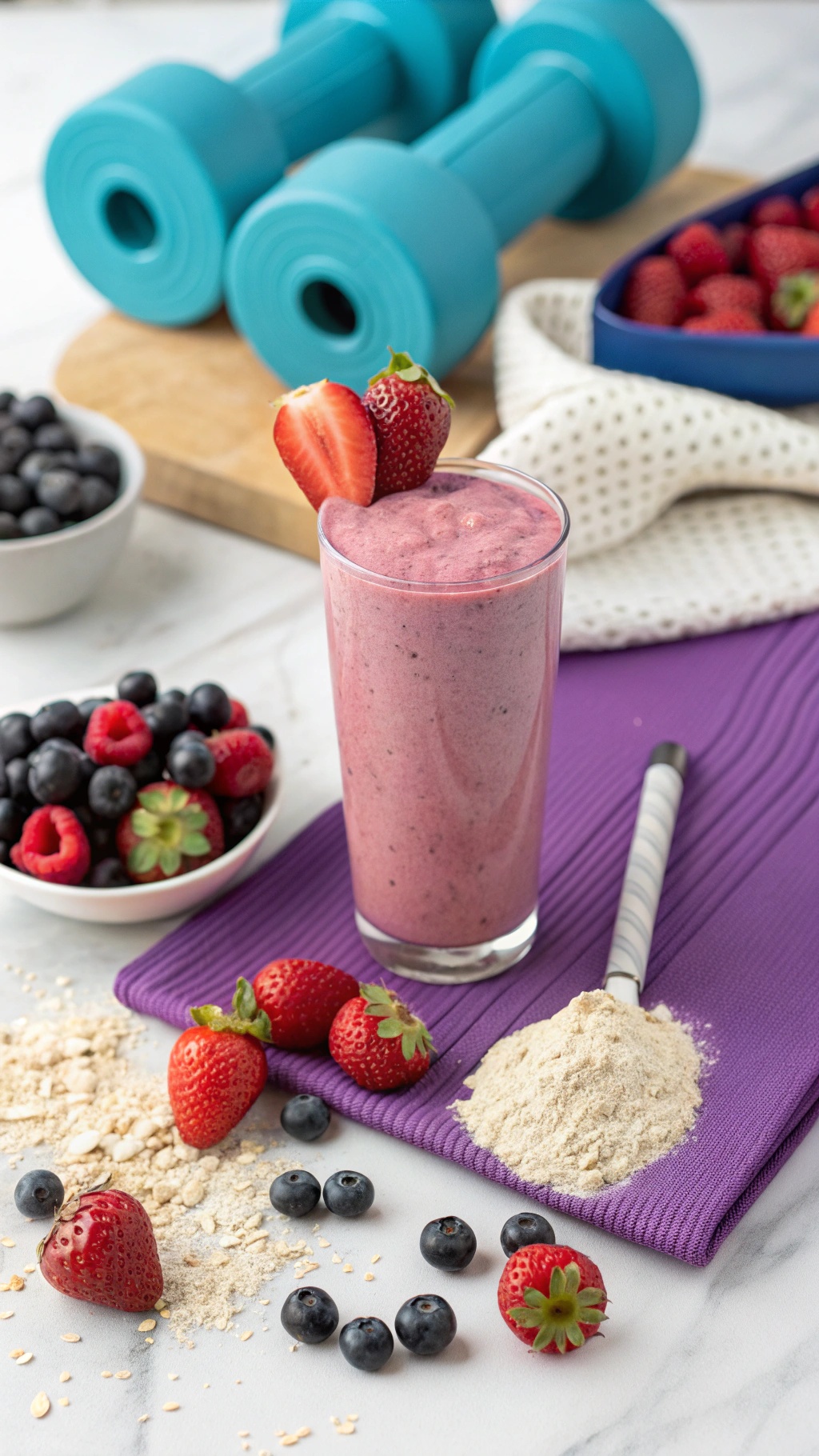 A protein-packed mixed berry smoothie with strawberries and blueberries, surrounded by dumbbells and oats.