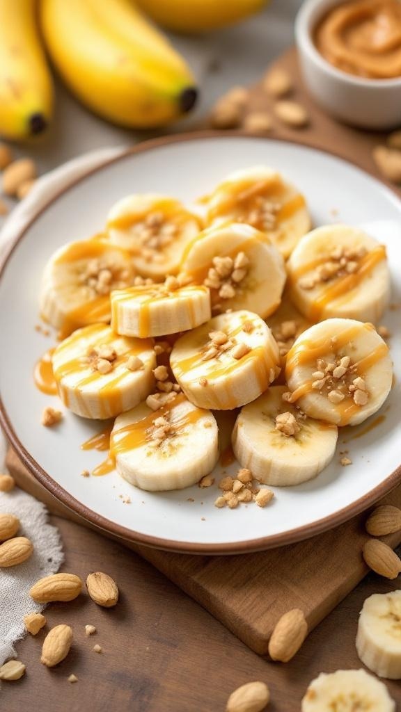 A plate of banana slices topped with peanut butter and crushed nuts, with whole bananas and a bowl of peanut butter in the background.