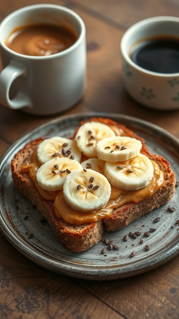 Peanut butter toast topped with banana slices and chia seeds, served with coffee.
