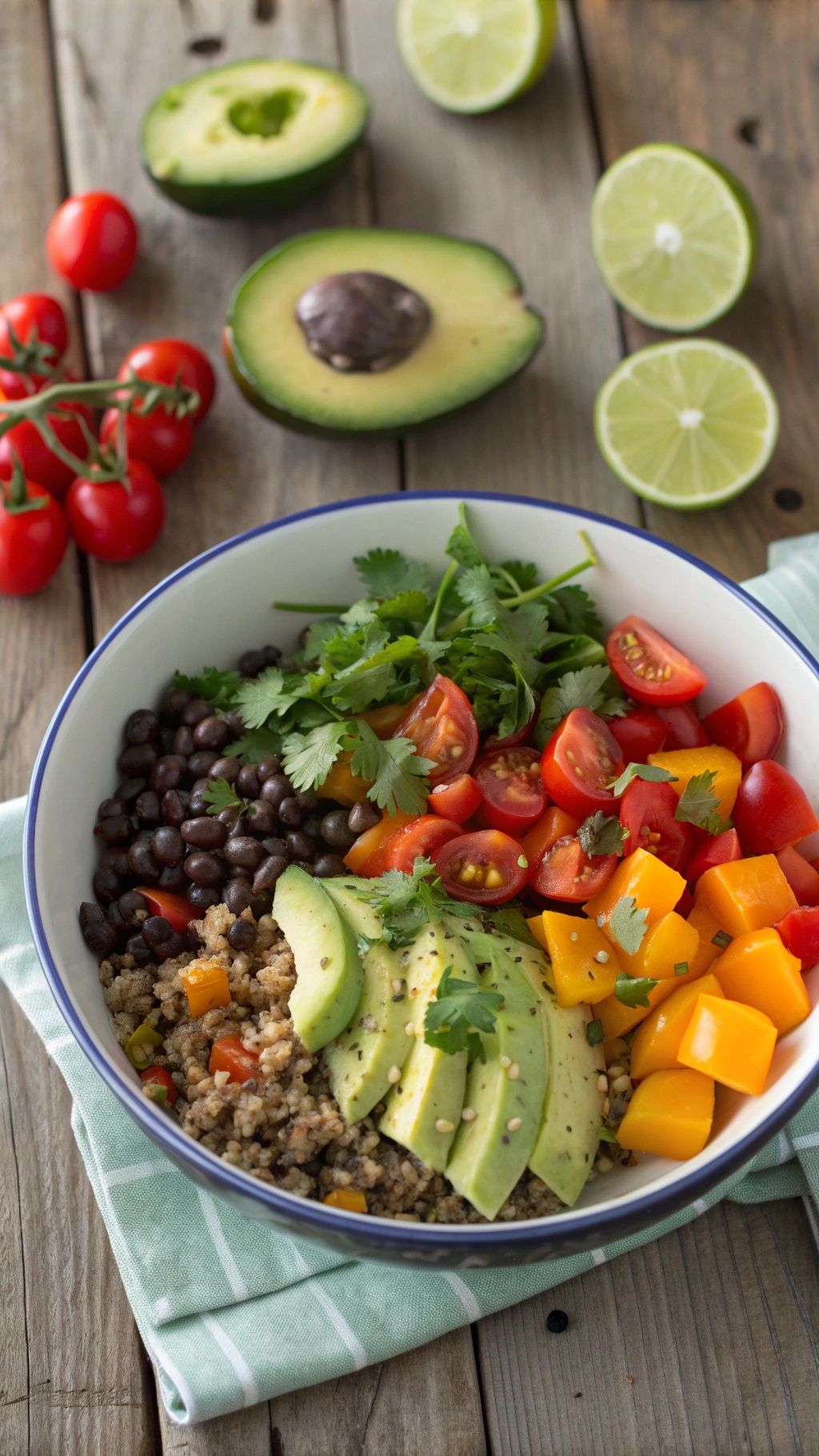 A colorful quinoa and black bean bowl with fresh vegetables and avocado.