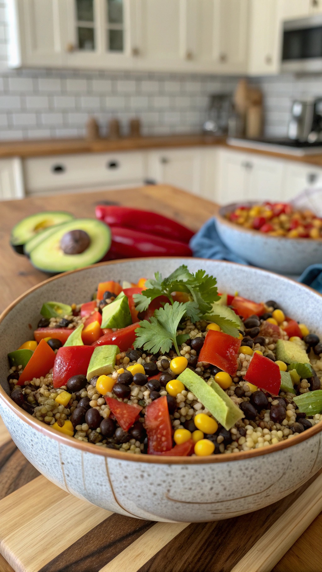 A colorful quinoa and black bean salad with fresh vegetables and avocado.