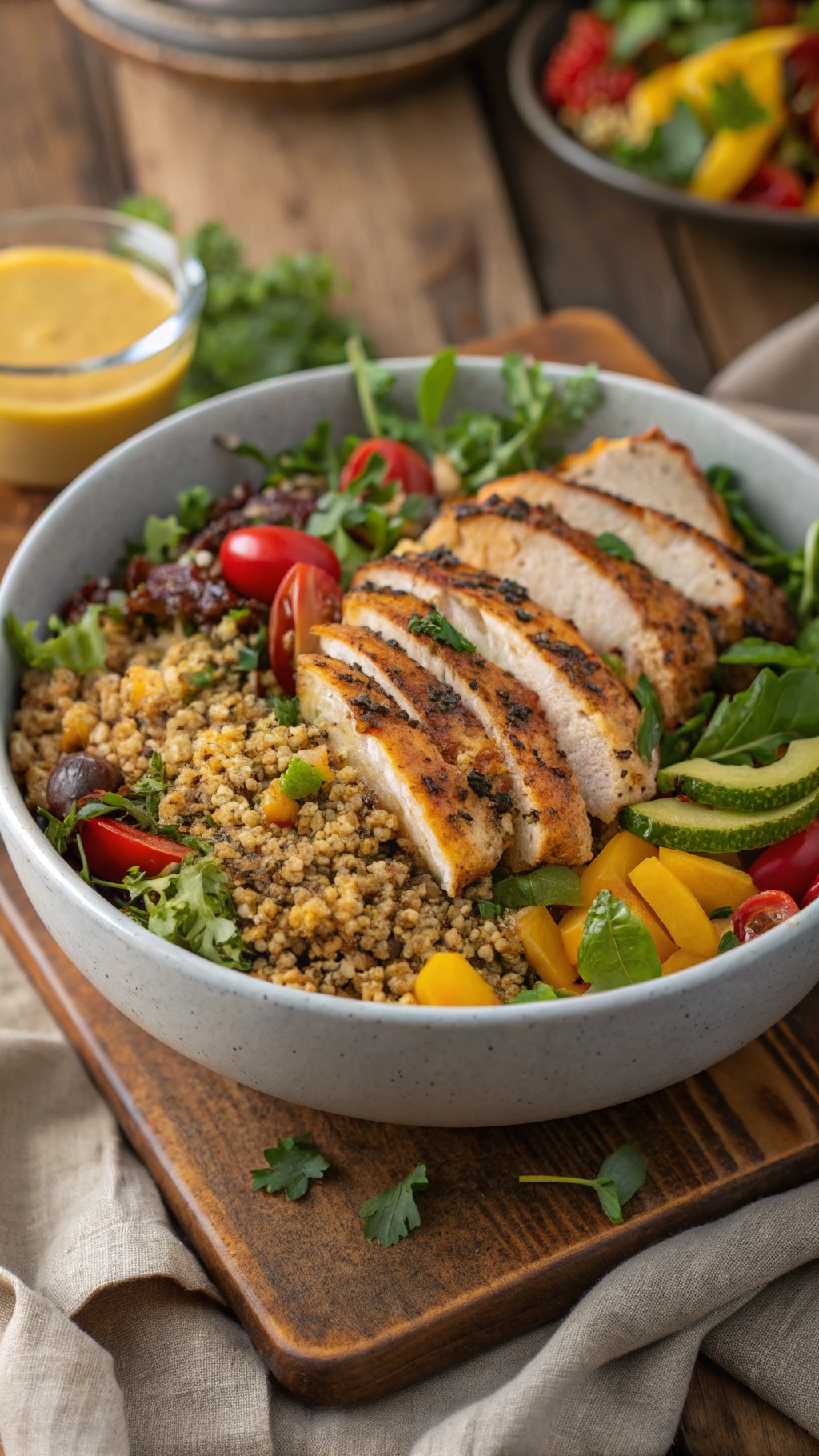 A colorful bowl of quinoa salad with grilled chicken, cherry tomatoes, and mixed greens.