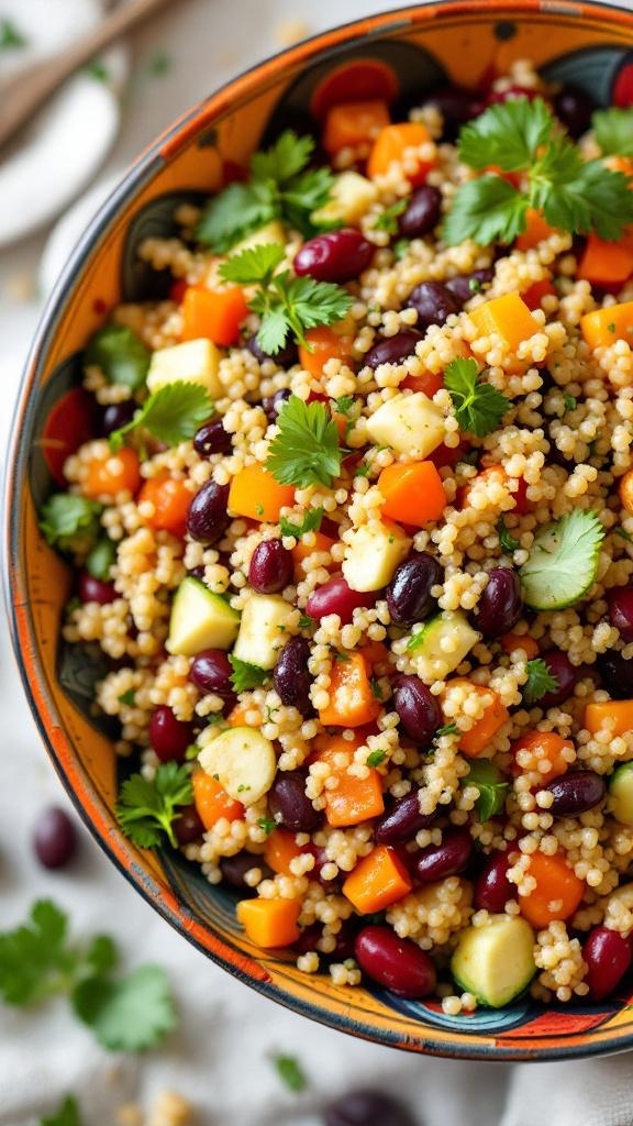 A bowl of colorful quinoa salad with black beans, diced vegetables, and fresh herbs.
